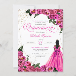 Convites Rosas de Fúcsia Rosa Quente e Quinceañera Dourad