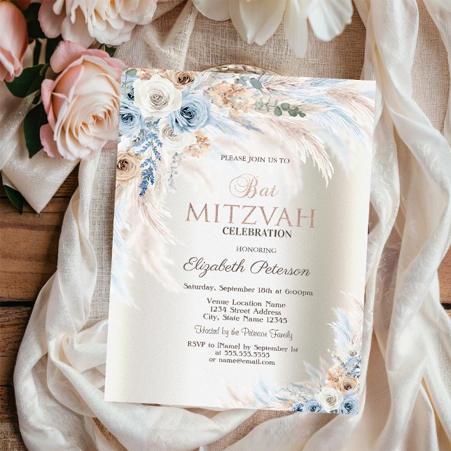 Convites Rosas de Grama das Pampas Bat Mitzvah Marfim (Criador carregado)