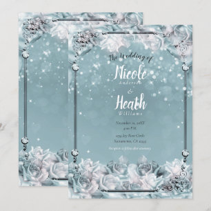 Convites Rosas de Inverno Enfeitiçadas Prata Casamento Teal