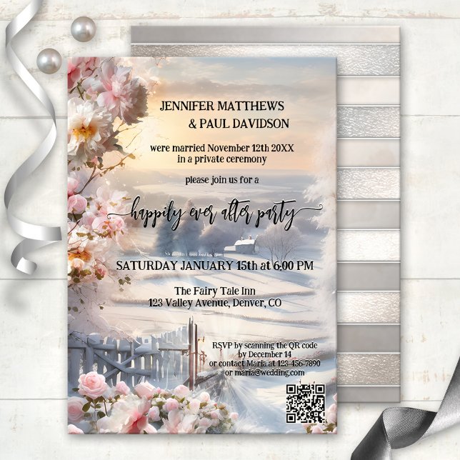 Convites Rosas De Inverno Feliz Depois Do Casamento (Happily ever after wedding party invitation featuring a winter wonderland scene at sunset with roses)