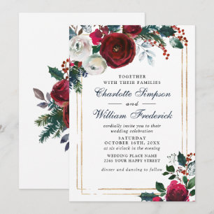 Convites Rosas de inverno Foliage Casamento de Aquarela