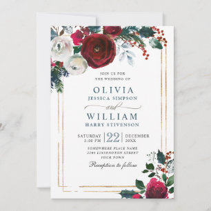 Convites Rosas de inverno Foliage Casamento de Aquarela