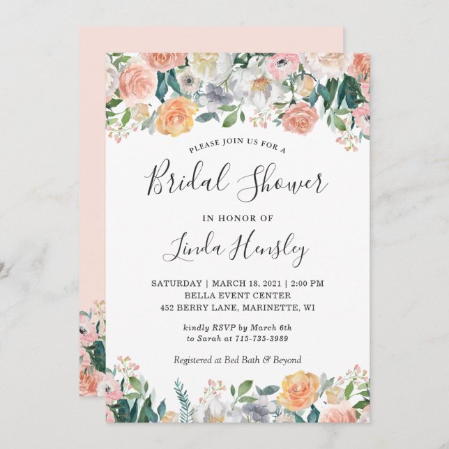 Convites Rosas de Jardim Elegante Chá de panela Floral (Frente/Verso)