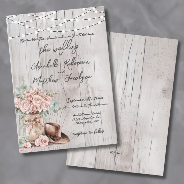 Convites Rosas de Madeira Rústica Elegante Casamento no Cam (Elegant Rustic Wood Roses Country Wedding Invitation)