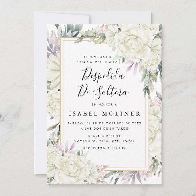 Convites Rosas de Marfim Chá de panela espanhol Dourado Flo (Frente)