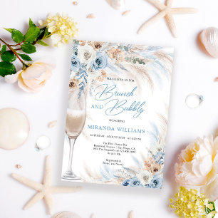 Convites Rosas de Marfim Elegantes Flores Azuis Brunch e Bo