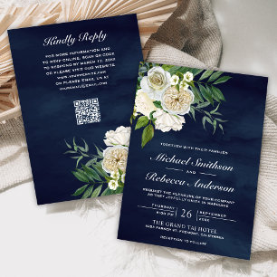 Convites Rosas de Marfim Floral Azul Marinho Código QR Casa