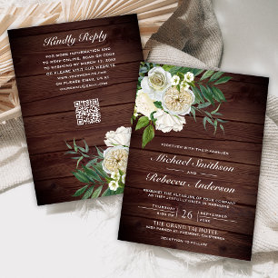Convites Rosas de Marfim Floral Celeiro Madeira Código QR C