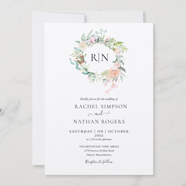 Convites Rosas de Monograma Rústico Kraft para Casamento Fl (Frente)