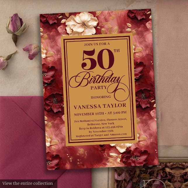 Convites Rosas de ouro de borboleta brilhante 50 anos (Glamorous burgundy blush gold roses 50th birthday card

)
