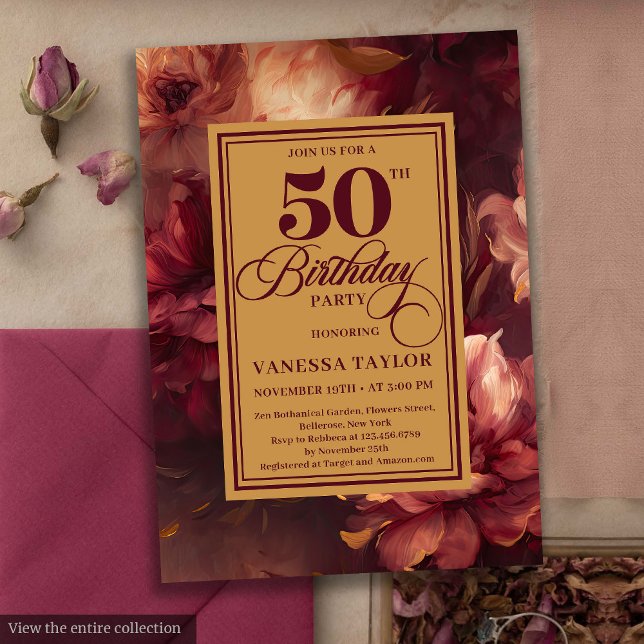 Convites Rosas de ouro de borboleta brilhante 50 anos (Glamorous burgundy blush gold roses 50th birthday card

)