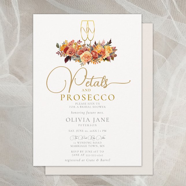 Convites Rosas de outono de Petals Prosecco Chá de panela (petals prosecco fall leaves roses bridal shower invitation elegant rustic boho autumn gold botanical)