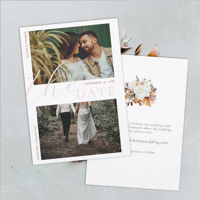 Convites Rosas de outono Sai do Casamento Chic 2 Fotografia (fall wedding save the date autumn roses foliage terracotta leaves orange beige elegant rustic boho)