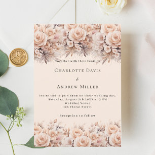 Convites Rosas de pêssego creme florais casamento elegante 