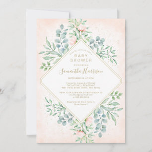 Convites Rosas de Pêssego de Aquarela Chá de fraldas Flor