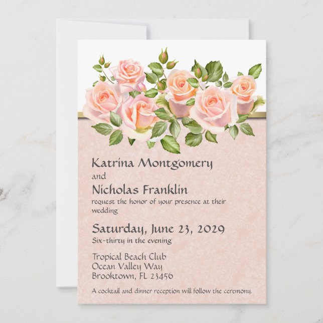 Convites Rosas de Pêssego em Branco com Casamento Dourado (Frente)