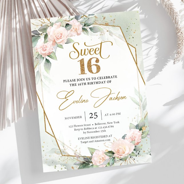 Convites Rosas de pincel elegantes e brilho de ouro de euca (Soft pastel pink roses greenery and gold frame sweet sixteen invitation template )