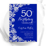 Convites Rosas de Prata Azul Real 50ª Festa de aniversário<br><div class="desc">Convite de aniversário real azul prateado floral 50º. Design elegante com rosas, folha de falso prata e letra de script de tipografia. A Trendy convida o cartão perfeito para uma festa de na moda. Pode ser personalizado para qualquer idade. Impressos convites Zazzle ou modelo de impressão digital instantânea para download....</div>
