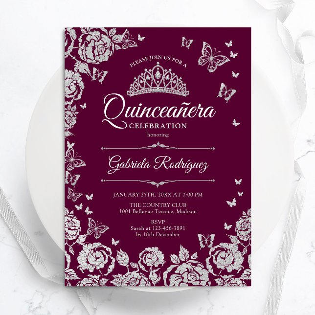 Convites Rosas de Prata Borboletas Quinceanera (Criador carregado)