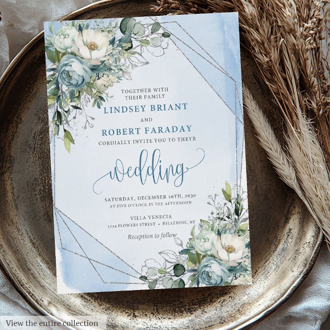 Convites Rosas de Prata Branca Clássica Pastel Azul Casamen (Classic Pastel Blue White Silver Roses Wedding Invitation)