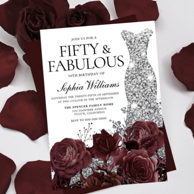 Convites Rosas de Prata Burgundy 50ª Festa de aniversário (Criador carregado)