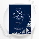 Convites Rosas de prata de aniversário simples Elegante 50<br><div class="desc">Simples elegante 50º convite de aniversário em marinho e prata. Design clássico com rosas, folha prateada falsa e letra de script de tipografia. A Trendy convida o cartão perfeito para uma festa de na moda. Personalize com seus próprios detalhes. Pode ser personalizado para qualquer idade. Impressos convites Zazzle ou modelo...</div>