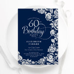 Convites Rosas de prata do Marinho de aniversário 60<br><div class="desc">Marinho prata floral 60º convite de aniversário. Design elegante com rosas, folha de falso prata e letra de script de tipografia. A Trendy convida o cartão perfeito para uma festa de na moda. Pode ser personalizado para qualquer idade. Personalize com seus próprios detalhes. Impressos convites Zazzle ou modelo de impressão...</div>