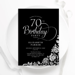 Convites Rosas de Prata Negra 70 de Aniversário Simples