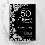 Convites Rosas de Prata Negra Elegante 50ª Festa de anivers<br><div class="desc">Floral prateado preto 50º convite de aniversário. Design elegante com rosas,  folha de falso prata e letra de script de tipografia. A Trendy convida o cartão perfeito para uma festa de na moda. Pode ser personalizado para qualquer idade. Impressos convites Zazzle ou modelo de impressão digital instantânea para download.</div>
