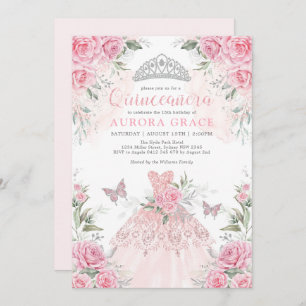Convites Rosas de prata rosa Princesa Coroa Quinceañera