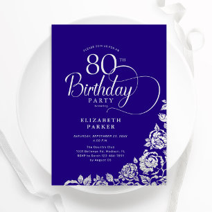Convites Rosas de Prata Roxo de Aniversário de 80 Elegante