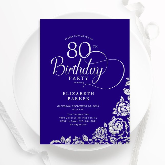 Convites Rosas de Prata Roxo de Aniversário de 80 Elegante  (Criador carregado)