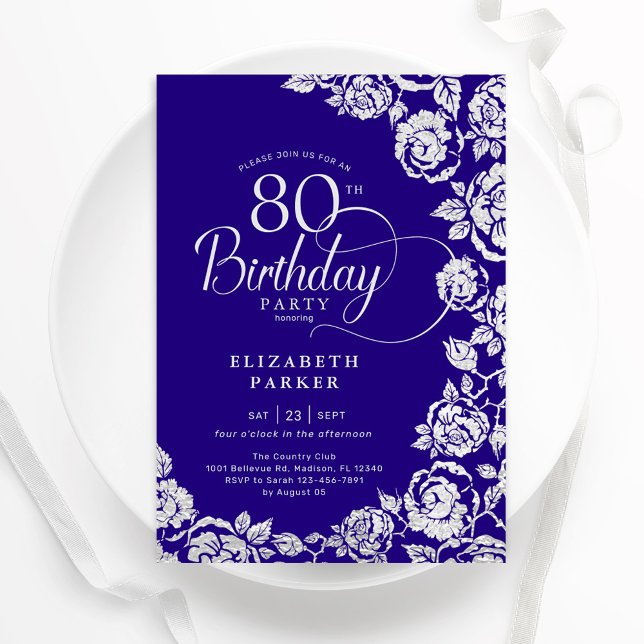 Convites Rosas de Prata Roxo de Aniversário Elegante 80 (Criador carregado)