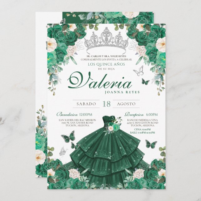 Convites Rosas de Prata Verde Princesa Elegante Quinceanera (Frente/Verso)