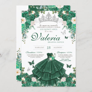 Convites Rosas de Prata Verde Princesa Elegante Quinceanera