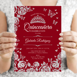 Convites Rosas de Prata Vermelha Borboletas Quinceanera