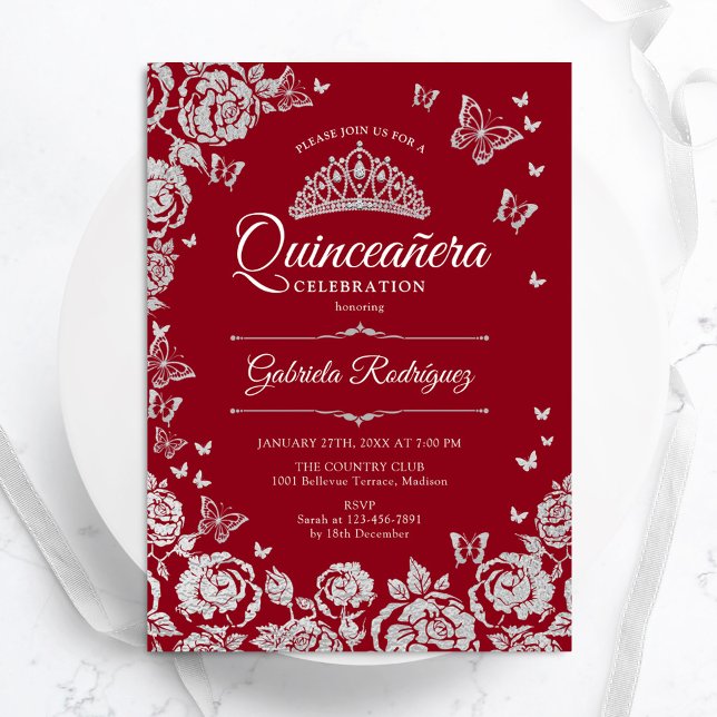 Convites Rosas de Prata Vermelha Borboletas Quinceanera (Criador carregado)