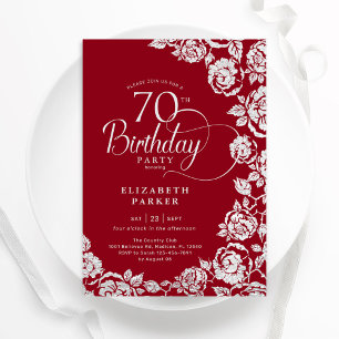 Convites Rosas de Prata Vermelha Elegante 70 Birthday