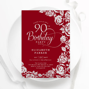 Convites Rosas de Prata Vermelha Elegante 90 Birthday