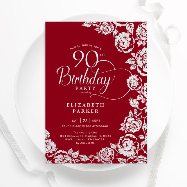 Convites Rosas de Prata Vermelha Elegante 90 Birthday (Criador carregado)