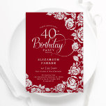 Convites Rosas de Prata Vermelha Elegante aniversário de 40<br><div class="desc">Convite de festas floral de prata vermelha. Design elegante com rosas, folha de falso prata e letra de script de tipografia. A Trendy convida o cartão perfeito para uma festa de na moda. Pode ser personalizado para qualquer idade. Personalize com seus próprios detalhes. Impressos convites Zazzle ou modelo de impressão...</div>