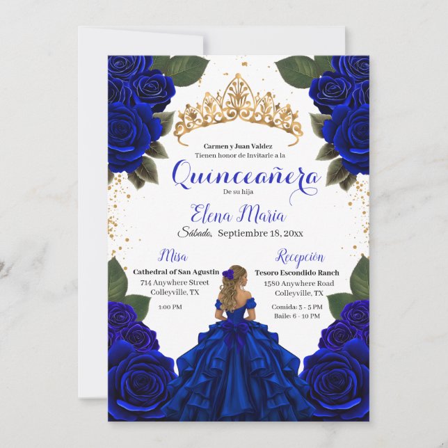 Convites Rosas de Quinceañera azul Elegante com brilho Dour (Frente)