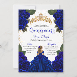 Convites Rosas de Quinceañera azul Elegante com brilho Dour