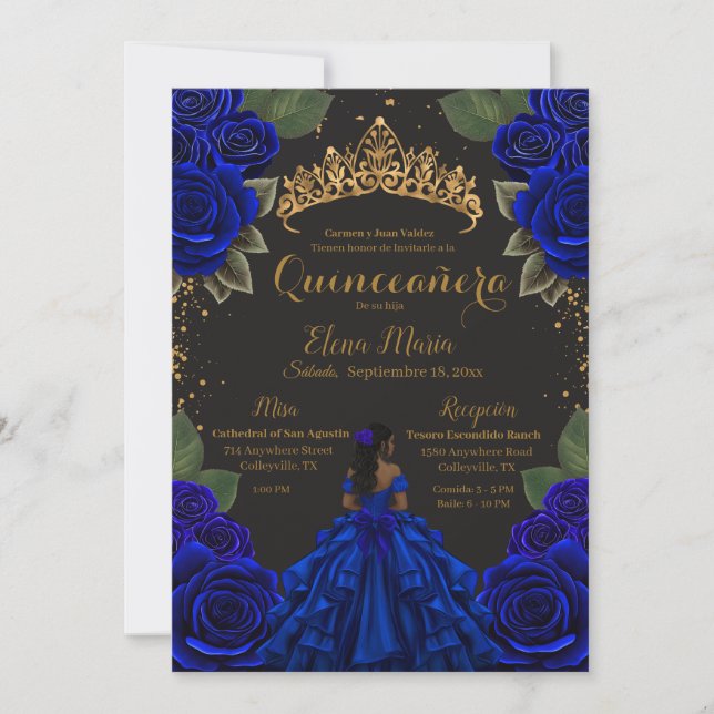 Convites Rosas de Quinceañera Azul Elegante com brilho Dour (Frente)
