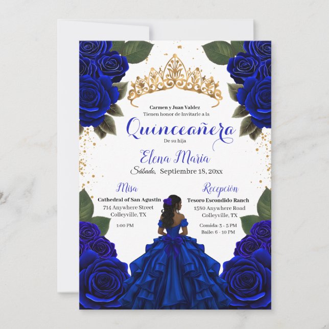 Convites Rosas de Quinceañera azul Elegante com brilho Dour (Frente)