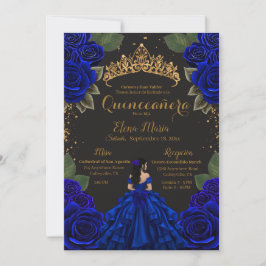 Convites Rosas de Quinceañera Azul Elegante com brilho Dour