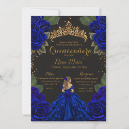 Convites Rosas de Quinceañera Azul Elegante com brilho Dour