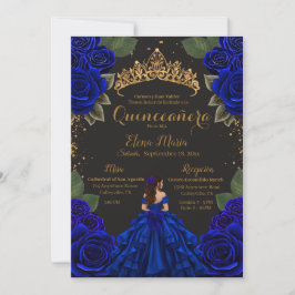 Convites Rosas de Quinceañera Azul Elegante com brilho Dour