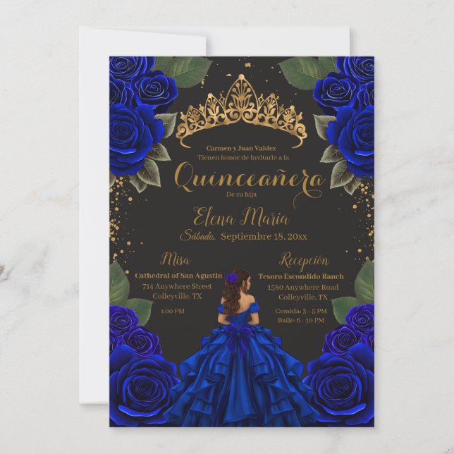 Convites Rosas de Quinceañera Azul Elegante com brilho Dour (Frente)