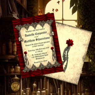 Convites Rosas de sangue Seda Vermelha e crânios Dourados C